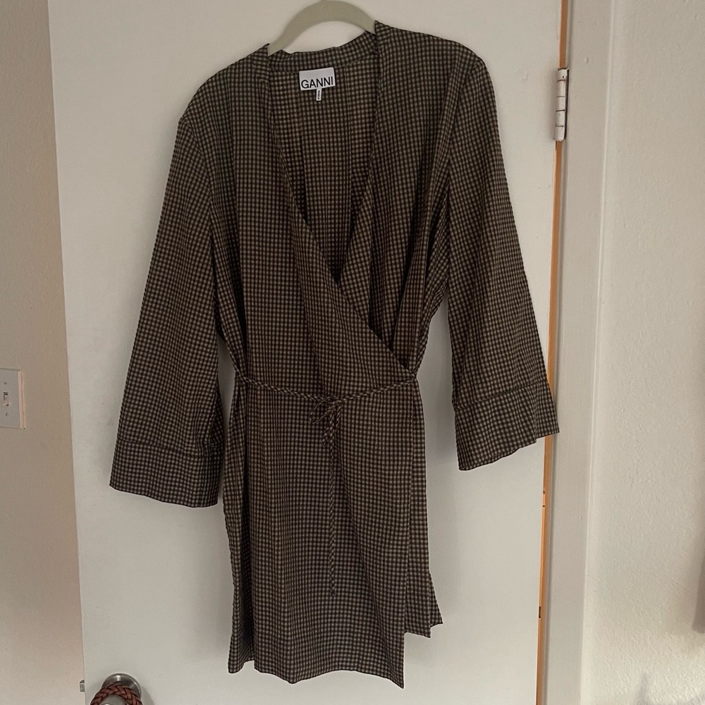 Ganni Tie Front Seersucker Blazer